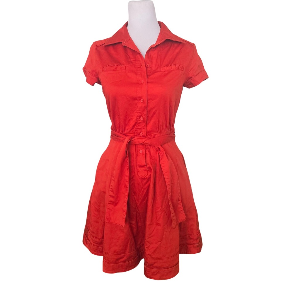 Banana Republic Red Short Sleeve Button Up Belted Fit & Flare Shirt Dress Sz 0